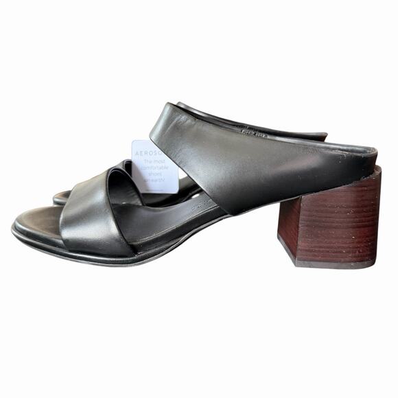 Aerosoles 10 Nika Comfort Sandals Slip On Block Thick Heel Black Leather - Picture 2 of 10